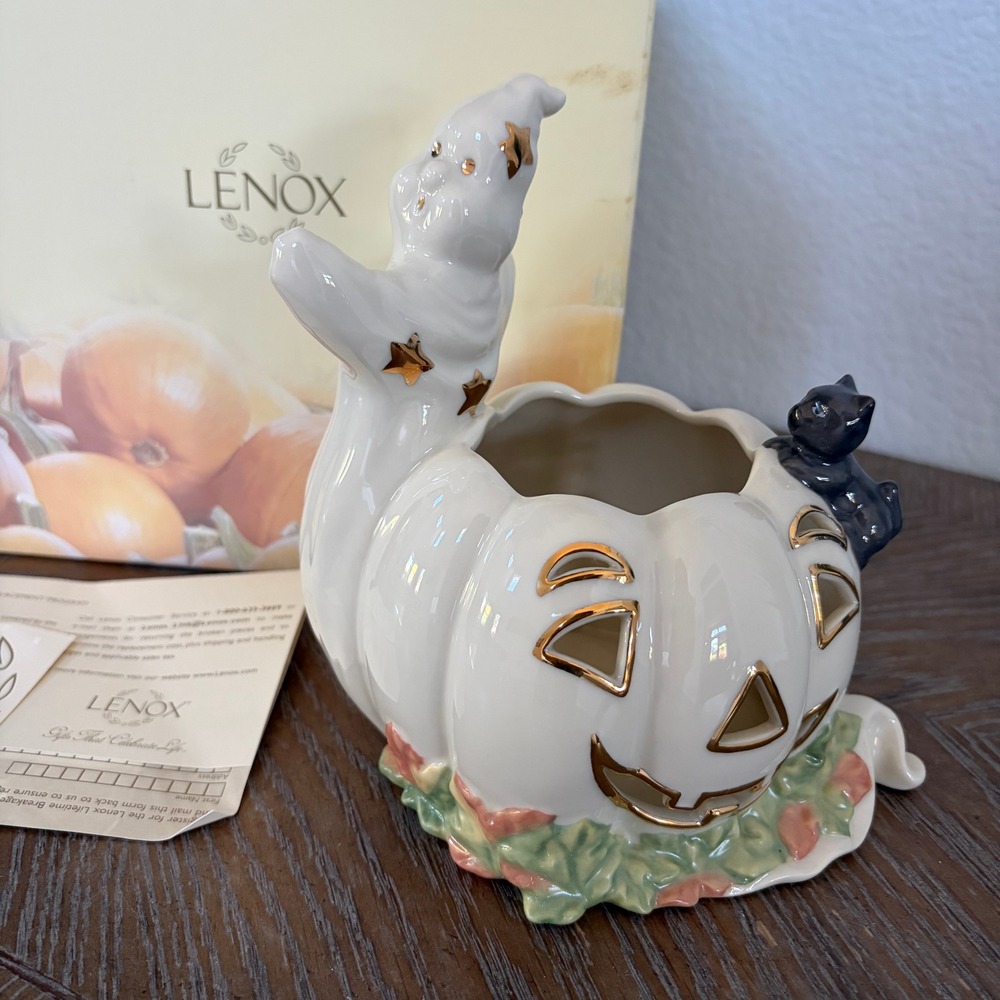 Lenox Occasions Ghost with Pumpkin Votive Halloween Porcelain Gold Trim Decor